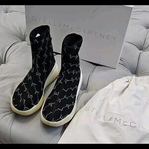 Stella McCartney Tess Goma Black Logo Knit Fabric Loop Sneakers Womens Shoes 37